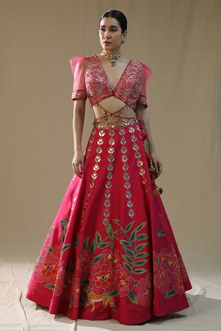 Shop_Arpita Sulakshana_Pink Silk, Net Embroidery, Zari, Tassels V-neck Leopard Handpainted Lehenga Set _Online_at_Aza_Fashions