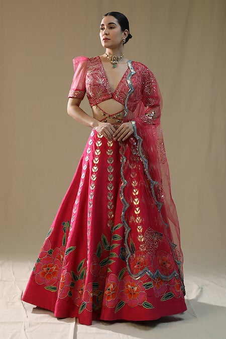 arpita sulakshana Pink Silk, Net Embroidery, Zari, Tassels V-neck Leopard Handpainted Lehenga Set 