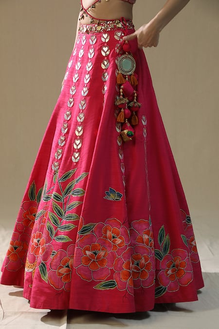 Arpita Sulakshana_Pink Silk, Net Embroidery, Zari, Tassels V-neck Leopard Handpainted Lehenga Set _at_Aza_Fashions