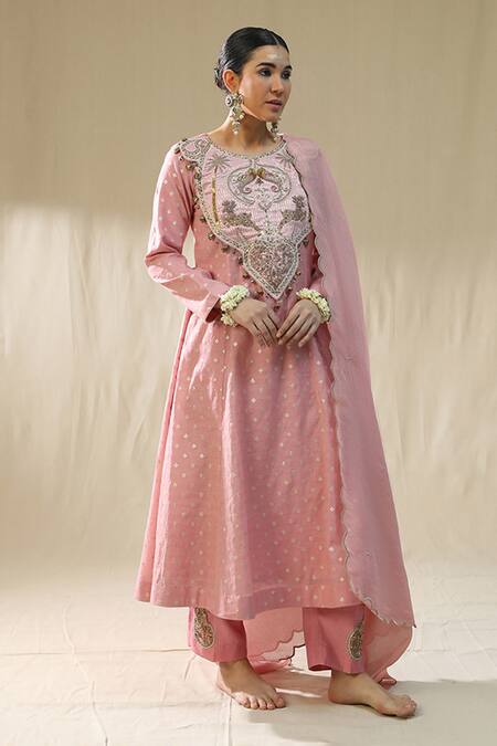 Arpita Sulakshana_Pink Chanderi Silk, Cotton, Silk, Kota Doria Embroidery Round Self Suit Set _Online_at_Aza_Fashions