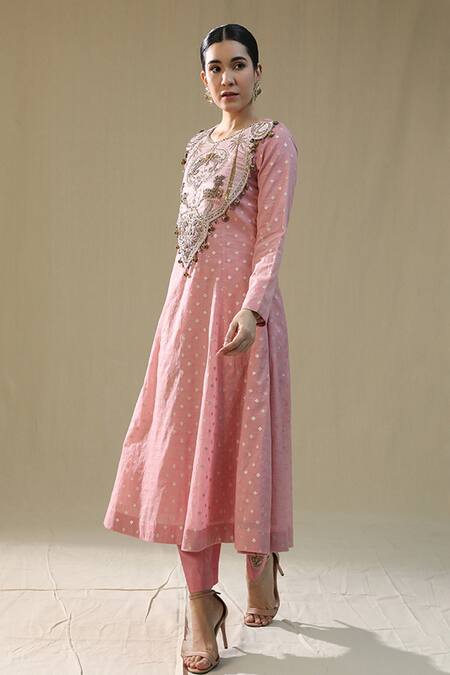 Buy_Arpita Sulakshana_Pink Chanderi Silk, Cotton, Silk, Kota Doria Embroidery Round Self Suit Set _Online_at_Aza_Fashions