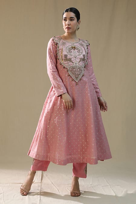 Shop_Arpita Sulakshana_Pink Chanderi Silk, Cotton, Silk, Kota Doria Embroidery Round Self Suit Set _Online_at_Aza_Fashions