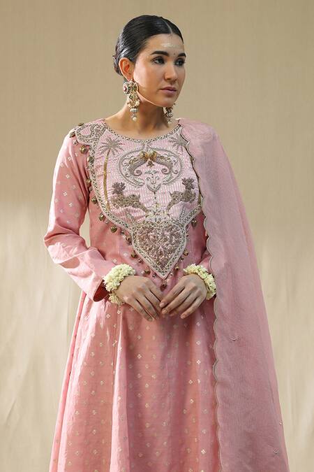 Arpita Sulakshana_Pink Chanderi Silk, Cotton, Silk, Kota Doria Embroidery Round Self Suit Set _at_Aza_Fashions