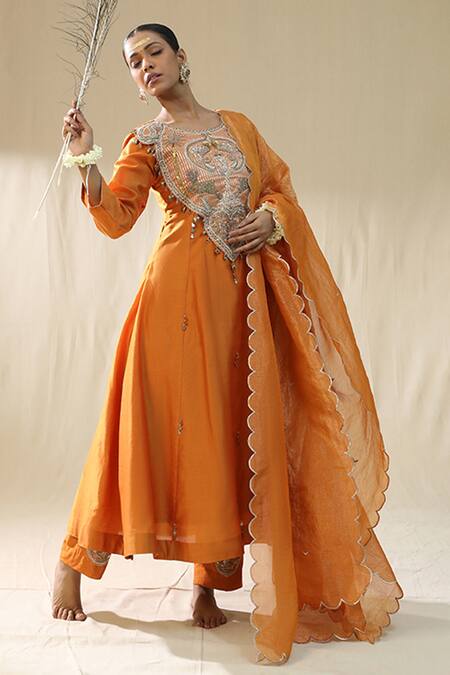 Arpita Sulakshana_Orange Chanderi Silk, Cotton, Silk, Kota Doria Zari, Designer Suit Set _Online_at_Aza_Fashions