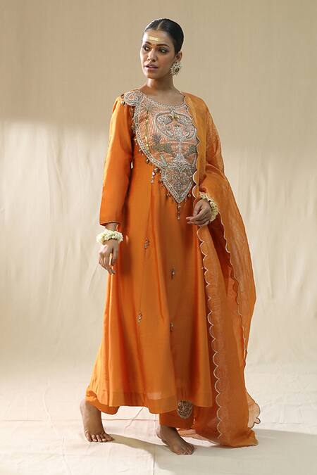 Buy_Arpita Sulakshana_Orange Chanderi Silk, Cotton, Silk, Kota Doria Zari, Designer Suit Set _Online_at_Aza_Fashions