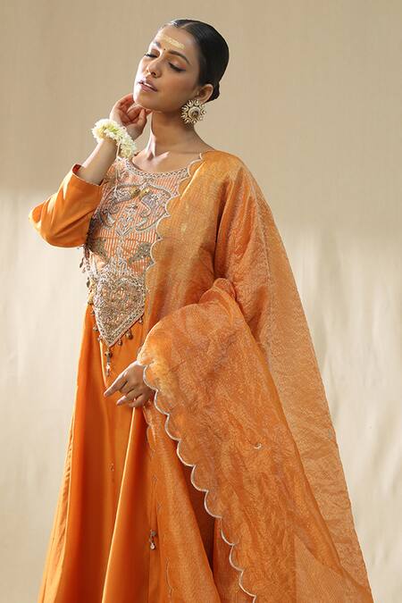 Shop_Arpita Sulakshana_Orange Chanderi Silk, Cotton, Silk, Kota Doria Zari, Designer Suit Set _Online_at_Aza_Fashions