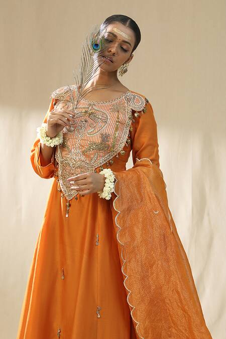 Arpita Sulakshana_Orange Chanderi Silk, Cotton, Silk, Kota Doria Zari, Designer Suit Set _at_Aza_Fashions