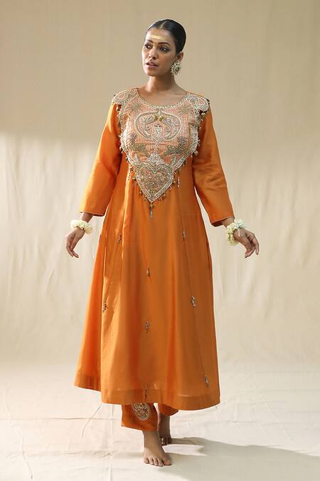 Buy_Arpita Sulakshana_Orange Chanderi Silk, Cotton, Silk, Kota Doria Zari, Designer Suit Set 