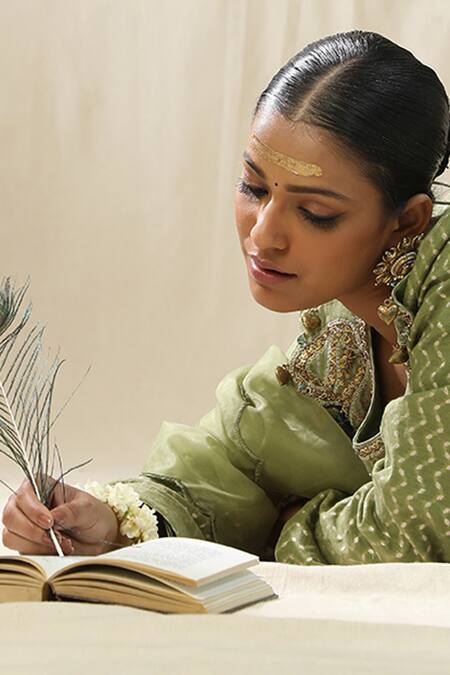 Arpita Sulakshana_Green Chanderi Silk, Cotton, Silk, Kota Doria Embroidery Round Pista Suit Set _Online_at_Aza_Fashions