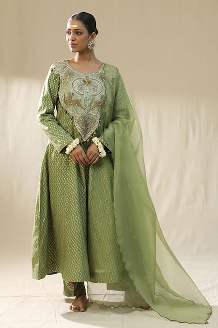 arpita sulakshana Green Chanderi Silk, Cotton, Silk, Kota Doria Embroidery Round Pista Suit Set 