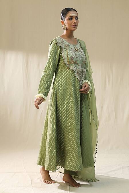 Buy_Arpita Sulakshana_Green Chanderi Silk, Cotton, Silk, Kota Doria Embroidery Round Pista Suit Set _Online_at_Aza_Fashions