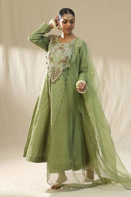 Shop_Arpita Sulakshana_Green Chanderi Silk, Cotton, Silk, Kota Doria Embroidery Round Pista Suit Set _Online_at_Aza_Fashions
