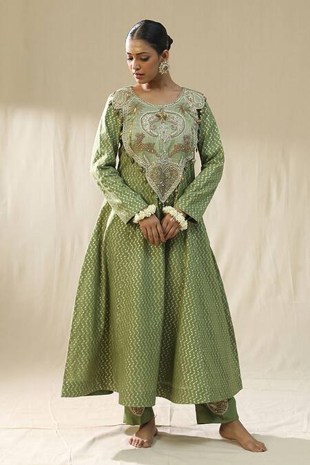 Arpita Sulakshana_Green Chanderi Silk, Cotton, Silk, Kota Doria Embroidery Round Pista Suit Set _at_Aza_Fashions