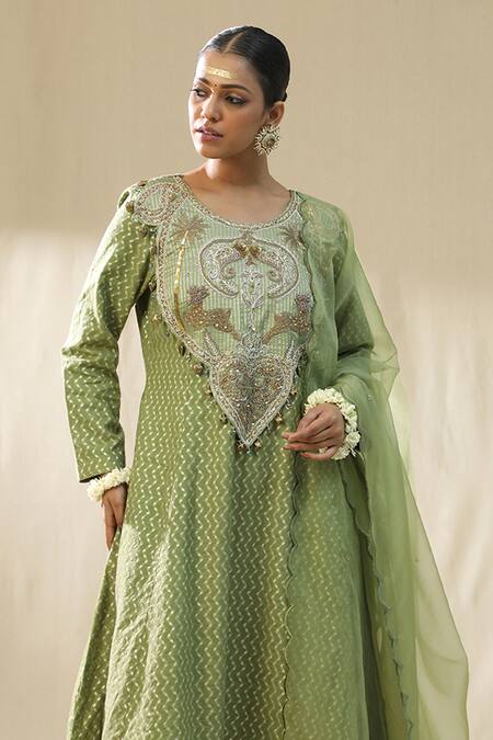 Buy_Arpita Sulakshana_Green Chanderi Silk, Cotton, Silk, Kota Doria Embroidery Round Pista Suit Set 