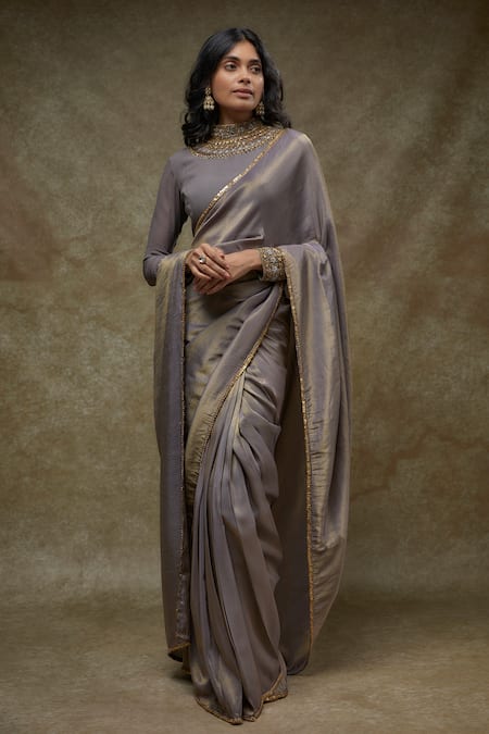 FATIZ Gray Georgette, Tissue Embroidery High Neck Designer Grey Saree Set 