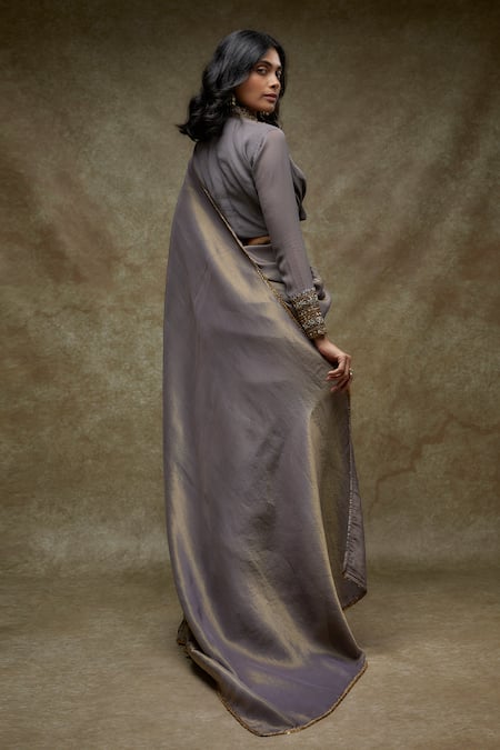 FATIZ Grey Georgette Pre-Draped Saree With Blouse 
