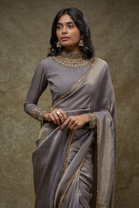 FATIZ_Gray Georgette, Tissue Embroidery, Zari, Grey Pre-draped Saree With Blouse _Online_at_Aza_Fashions