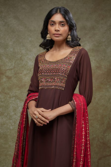 FATIZ_Brown Georgette, Lycra Embroidery Round Neck Kurta Set With Dupatta _Online_at_Aza_Fashions