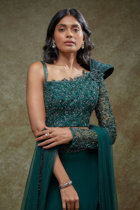 FATIZ_Emerald Green Georgette, Tulle Beads, Sequins, Embroidery Designer Lehenga Set _Online_at_Aza_Fashions