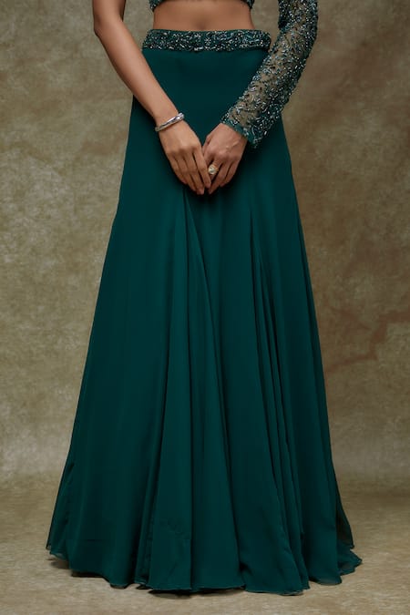 Buy_FATIZ_Emerald Green Georgette, Tulle Beads, Sequins, Embroidery Designer Lehenga Set _Online_at_Aza_Fashions