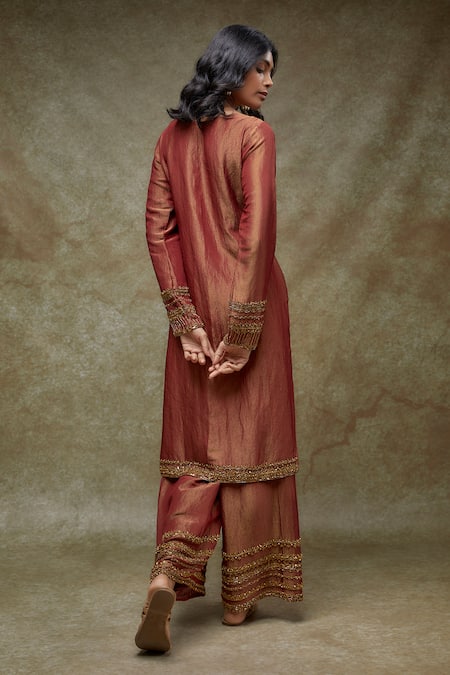 Shop FATIZ Maroon Tissue, Georgette Embroidery, Sequins Designer Kurta Palazzo Dupatta Set at Aza Fashions Shop_FATIZ_Maroon Tissue, Georgette Embroidery, Sequins Designer Kurta Palazzo Dupatta Set _at_Aza_Fashions