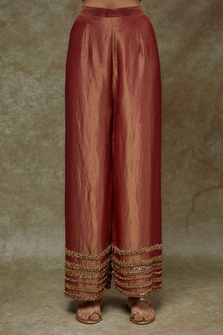 FATIZ Maroon Tissue, Georgette Embroidery, Sequins Designer Kurta Palazzo Dupatta Set Online at Aza Fashions FATIZ_Maroon Tissue, Georgette Embroidery, Sequins Designer Kurta Palazzo Dupatta Set _Online_at_Aza_Fashions