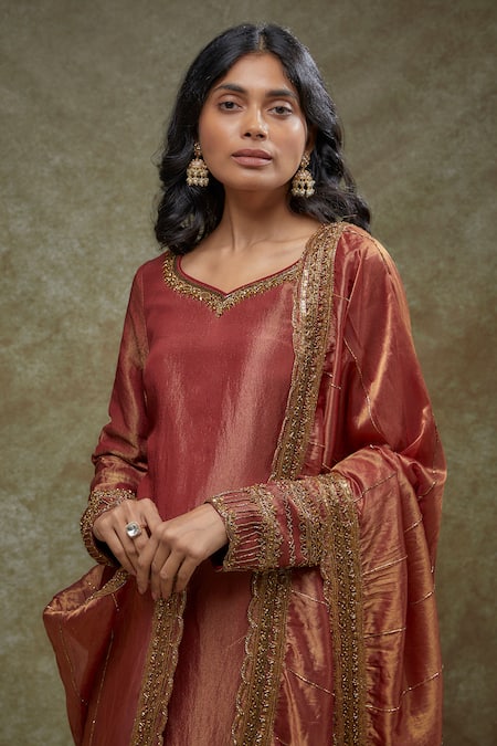 Buy FATIZ Maroon Tissue, Georgette Embroidery, Sequins Designer Kurta Palazzo Dupatta Set Online at Aza Fashions Buy_FATIZ_Maroon Tissue, Georgette Embroidery, Sequins Designer Kurta Palazzo Dupatta Set _Online_at_Aza_Fashions