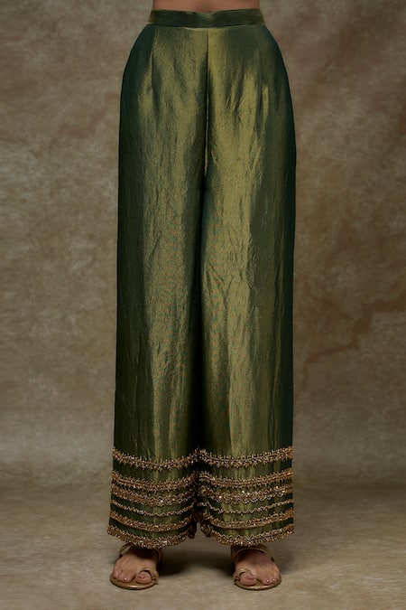 FATIZ_Green Tissue, Georgette Embroidery Round Neck Bottle Designer Kurta Palazzo Set_Online_at_Aza_Fashions