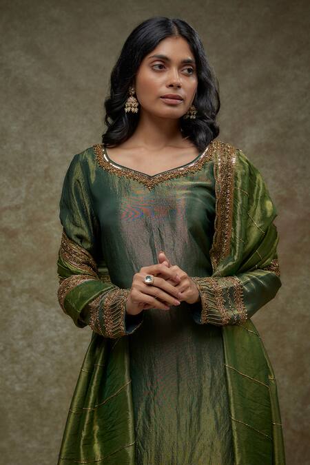 Buy_FATIZ_Green Tissue, Georgette Embroidery Round Neck Bottle Designer Kurta Palazzo Set_Online_at_Aza_Fashions