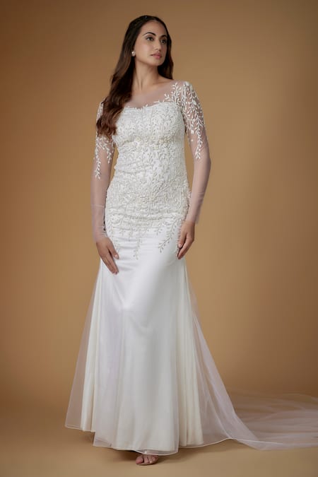 FATIZ White Tulle, Lycra Beads, Embroidery Square Neck Designer Gown Set Online at Aza Fashions FATIZ_White Tulle, Lycra Beads, Embroidery Square Neck Designer Gown Set _Online_at_Aza_Fashions