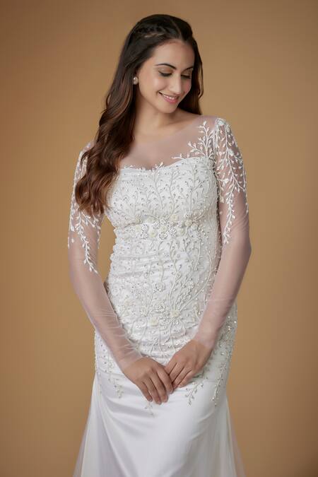 Buy FATIZ White Tulle, Lycra Beads, Embroidery Square Neck Designer Gown Set Online at Aza Fashions Buy_FATIZ_White Tulle, Lycra Beads, Embroidery Square Neck Designer Gown Set _Online_at_Aza_Fashions