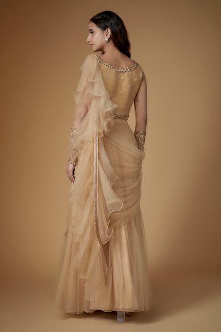 Shop FATIZ Gold Tulle Sequins, Embroidery Round Neck Champagne Pre-draped Saree Set at Aza Fashions Shop_FATIZ_Gold Tulle Sequins, Embroidery Round Neck Champagne Pre-draped Saree Set _at_Aza_Fashions