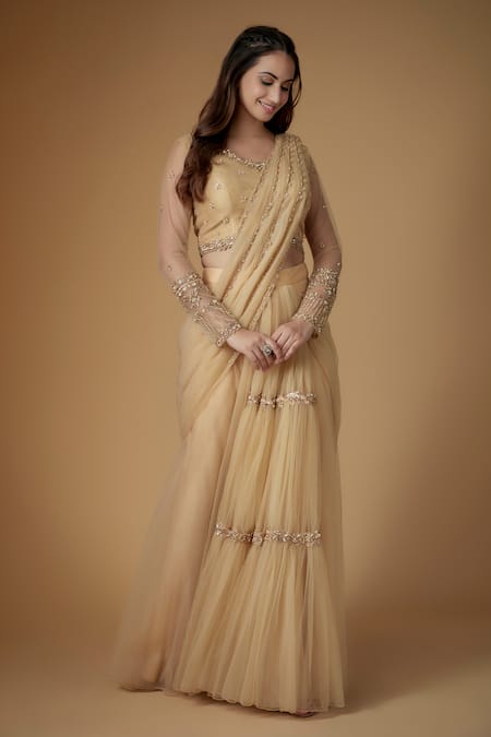 FATIZ Gold Tulle Sequins, Embroidery Round Neck Champagne Pre-draped Saree Set 