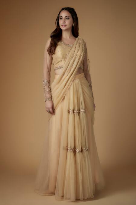 FATIZ Gold Tulle Sequins, Embroidery Round Neck Champagne Pre-draped Saree Set Online at Aza Fashions FATIZ_Gold Tulle Sequins, Embroidery Round Neck Champagne Pre-draped Saree Set _Online_at_Aza_Fashions