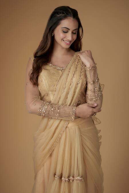 Buy FATIZ Gold Tulle Sequins, Embroidery Round Neck Champagne Pre-draped Saree Set Online at Aza Fashions Buy_FATIZ_Gold Tulle Sequins, Embroidery Round Neck Champagne Pre-draped Saree Set _Online_at_Aza_Fashions