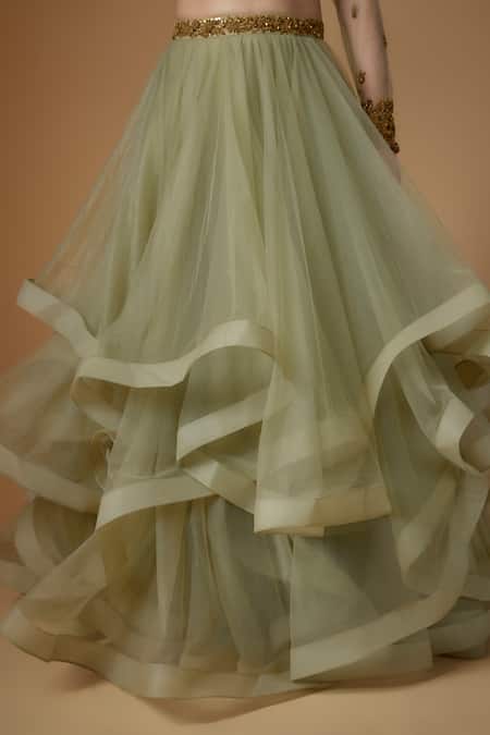 FATIZ_Green Tulle Embroidery, Sequins Round Neck Sage Designer Lehenga Set _Online_at_Aza_Fashions