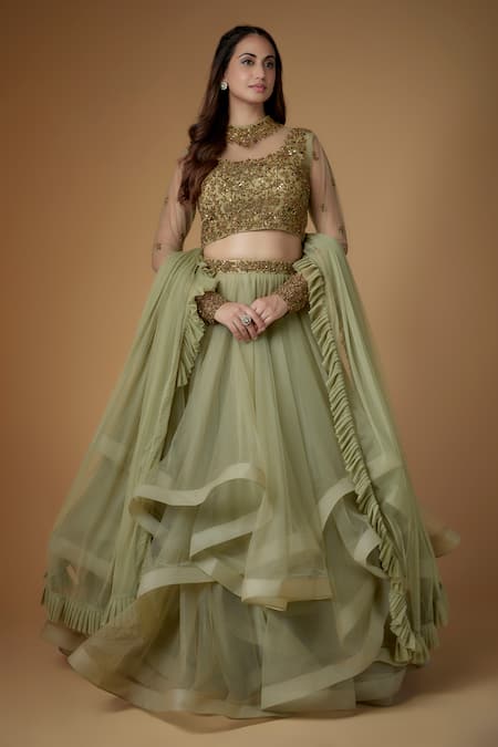 FATIZ Sapphire Tulle Embroidery, Sequins Round Neck Sage Green Designer Lehenga Set 