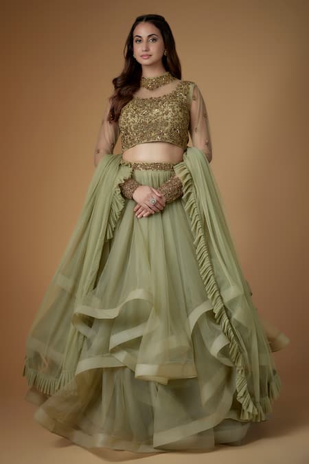 Buy_FATIZ_Green Tulle Embroidery, Sequins Round Neck Sage Designer Lehenga Set _Online_at_Aza_Fashions