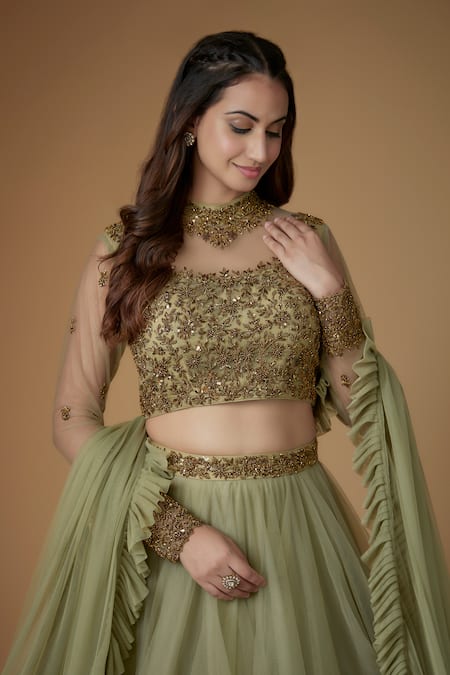 Shop_FATIZ_Green Tulle Embroidery, Sequins Round Neck Sage Designer Lehenga Set _Online_at_Aza_Fashions