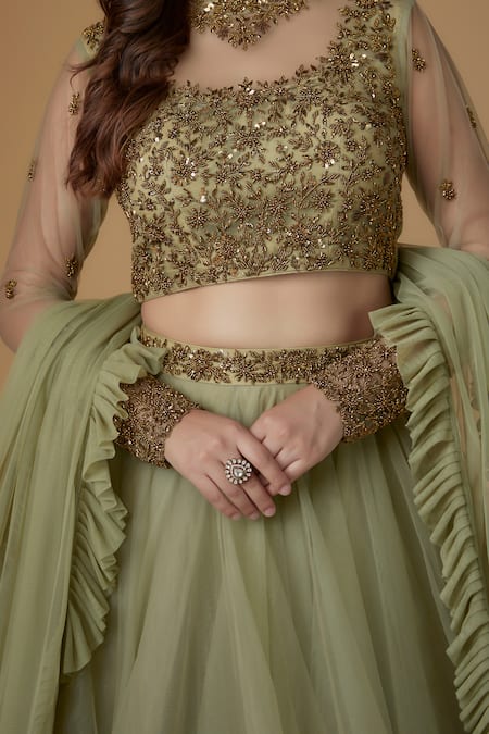 FATIZ_Green Tulle Embroidery, Sequins Round Neck Sage Designer Lehenga Set _at_Aza_Fashions