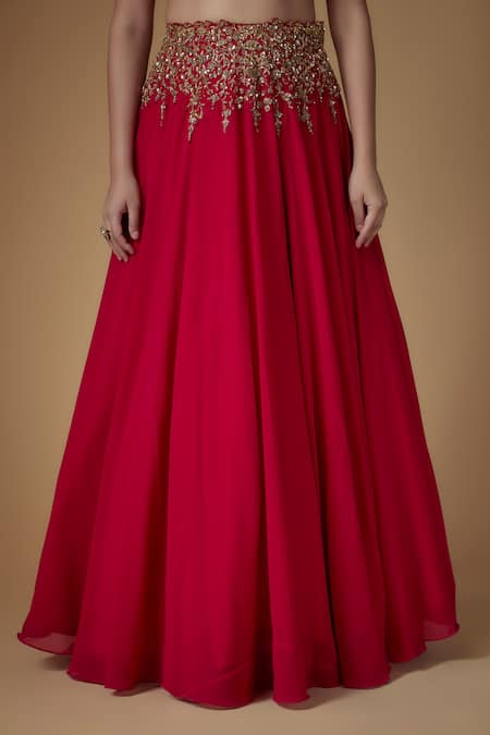 FATIZ_Red Georgette, Tulle Sequins, Beads, Reddish Rani Embellished Lehenga Set _Online_at_Aza_Fashions
