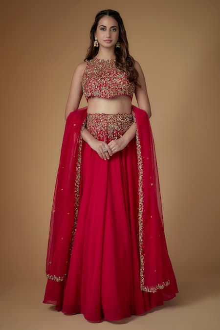Buy_FATIZ_Red Georgette, Tulle Sequins, Beads, Reddish Rani Embellished Lehenga Set _Online_at_Aza_Fashions