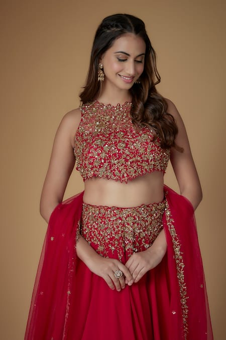 Shop_FATIZ_Red Georgette, Tulle Sequins, Beads, Reddish Rani Embellished Lehenga Set _Online_at_Aza_Fashions