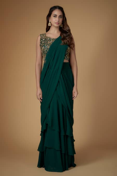 FATIZ_Green Georgette, Tulle Embroidery, Beads Round Neck Bottle Pre-draped Saree Set _Online_at_Aza_Fashions