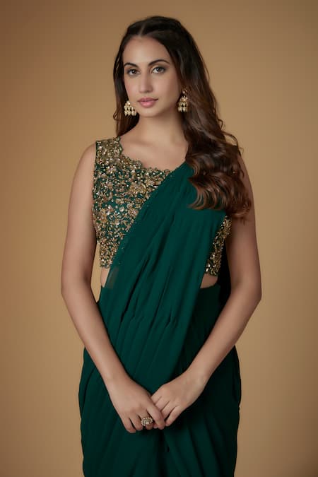 Buy_FATIZ_Green Georgette, Tulle Embroidery, Beads Round Neck Bottle Pre-draped Saree Set _Online_at_Aza_Fashions