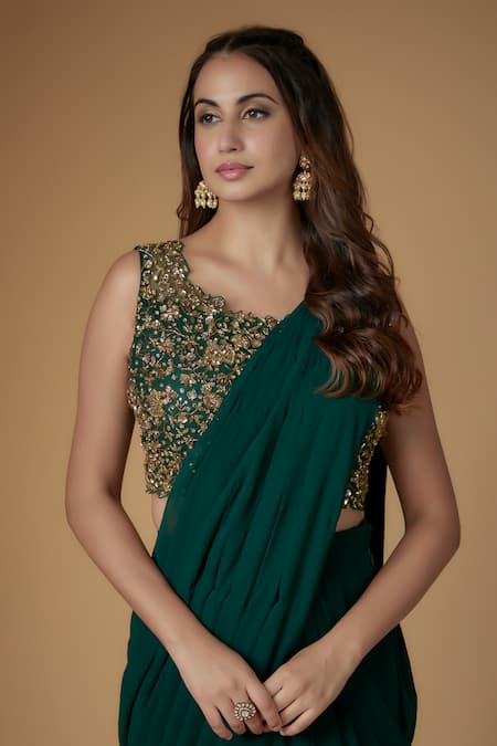Shop_FATIZ_Green Georgette, Tulle Embroidery, Beads Round Neck Bottle Pre-draped Saree Set _Online_at_Aza_Fashions