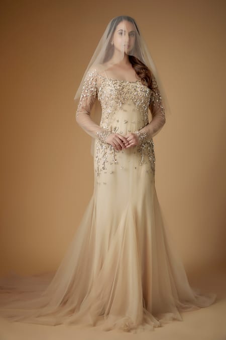 FATIZ Gold Tulle, Lycra Sequins, Beads Square Champagne Embroidered Designer Gown 
