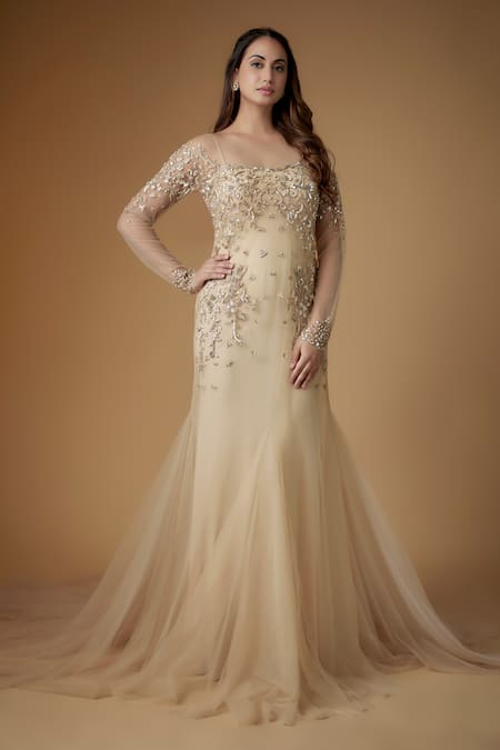 FATIZ Gold Sequins, Beads Scoop Neck Champagne Embroidered Designer Gown Online at Aza Fashions FATIZ_Gold Sequins, Beads Scoop Neck Champagne Embroidered Designer Gown _Online_at_Aza_Fashions