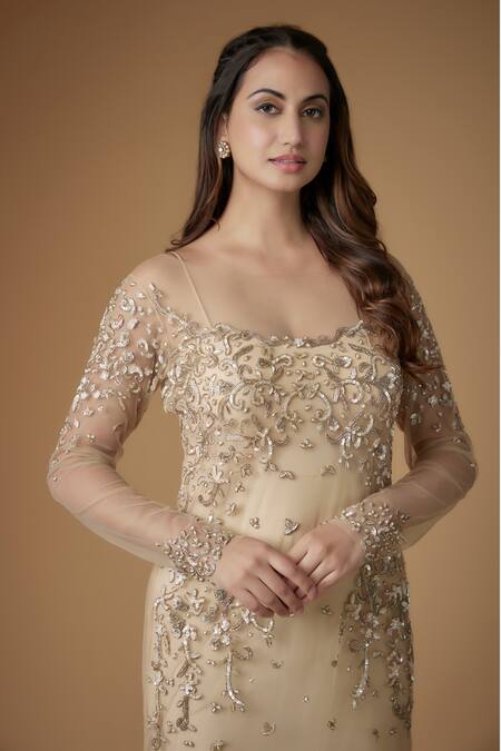 Shop FATIZ Gold Sequins, Beads Scoop Neck Champagne Embroidered Designer Gown Online at Aza Fashions Shop_FATIZ_Gold Sequins, Beads Scoop Neck Champagne Embroidered Designer Gown _Online_at_Aza_Fashions