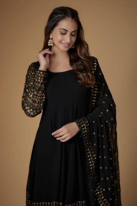FATIZ Black Georgette, Lycra Embroidery Round Neck Anarkali Set Online at Aza Fashions FATIZ_Black Georgette, Lycra Embroidery Round Neck Anarkali Set _Online_at_Aza_Fashions
